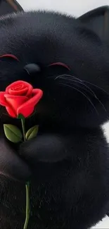 Cute black cat holding a red rose.