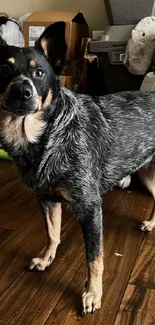 Black dog standing indoors on wooden floor.