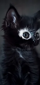 Black kitten with pale eyes, whimsical fur.