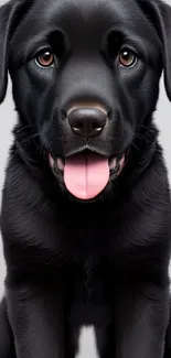 Adorable black Labrador Retriever with its tongue out on a light gray background.