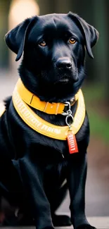 Black Labrador puppy with a yellow collar sitting on a pathway.