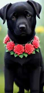 Black Labrador puppy with rose collar in garden setting.