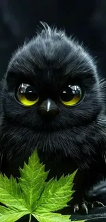 Cute black owl with large eyes and green leaf on dark background.