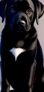 Adorable black Labrador puppy with a white chest on a soft background.