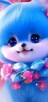 Adorable blue cartoon animal with pink flowers, perfect for wallpaper.