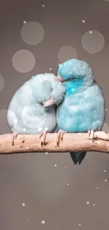 Adorable blue birds cuddling on a branch, perfect for mobile wallpaper.