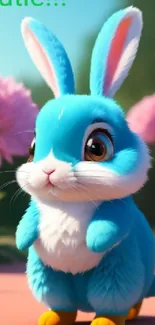 Cute blue bunny in a colorful garden with text "cutie!!!"