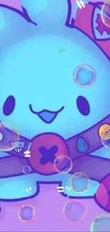 Cute blue cartoon bunny with bubbles and purple highlights.