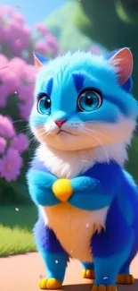 Charming blue cartoon cat in animated garden scene.