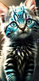 Adorable blue-eyed cat with musical notes in artistic wallpaper.