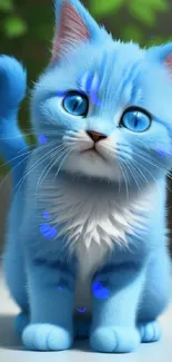 Adorable blue kitten with fluffy fur and bright blue eyes sitting.