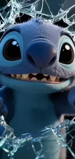 Cute blue character breaking through glass wallpaper.