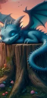 Cute blue dragon resting on a tree stump in a fantasy setting.