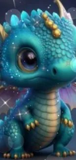 Adorable blue dragon with magical shimmering scales.