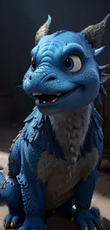 Adorable animated blue dragon sitting indoors.