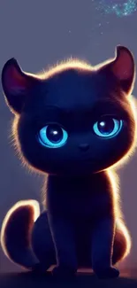 Charming black cat with glowing blue eyes on a dark mobile wallpaper.