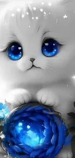 Cute white kitten with striking blue eyes holding a glowing orb.