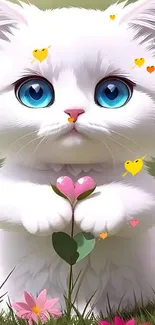 Cute white cat with blue eyes holding a flower in a floral setting.