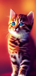 Adorable orange kitten with blue eyes on a vibrant background.