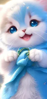 Cute blue-eyed kitten wrapped in a blue blanket with a happy expression.