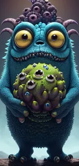 Cute blue monster with yellow eyes holding a colorful item in a fantasy setting.