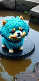 Adorable blue cartoon Pomeranian on pond with stones.