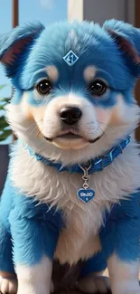 Adorable blue puppy with a collar in a bright setting.