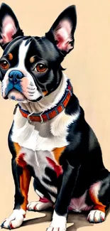 Adorable Boston Terrier illustration on beige background.