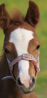 Adorable brown foal with a white face marking in a field.