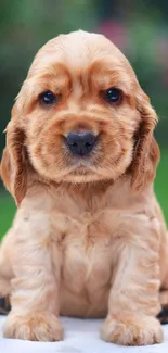 Adorable brown puppy sitting on a soft surface.