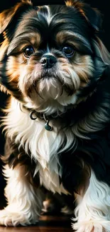 Cute brown and white Shih Tzu puppy sitting on dark floor.