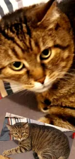 Close-up of a brown tabby cat with a cute expression.