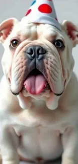 Adorable bulldog wearing a party hat.