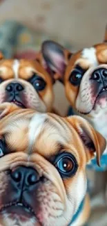 Adorable trio of bulldogs in a cute mobile wallpaper.
