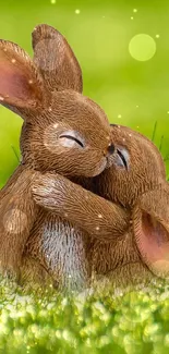 Adorable hugging bunnies with Easter eggs in a green meadow.