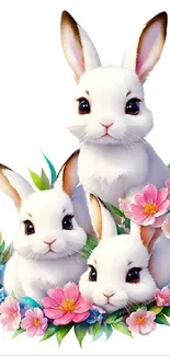 Adorable bunnies with pink flowers wallpaper.