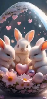 Three cute bunnies in a magical floral egg.
