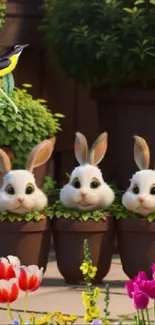 Three adorable bunnies in flower pots surrounded by colorful flowers.