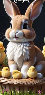 Cute bunny with yellow chicks in a basket.