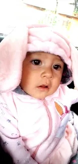 Baby in a pink bunny costume with long ears.