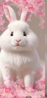 Adorable white bunny with pink cherry blossoms in soft pastel hues.