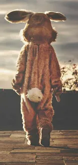 Child in a fluffy bunny costume walking on a path under a moody sky.