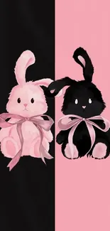 Cute pink and black bunnies mobile wallpaper with ribbons.