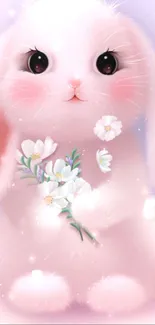 Charming pink bunny holding white flowers on soft background.