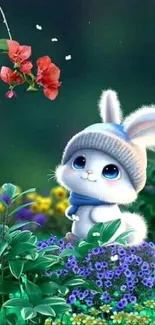 Cute bunny with hat in a colorful garden.