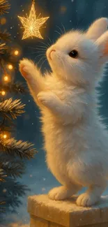 Adorable bunny reaching for a glowing star in a festive setting.