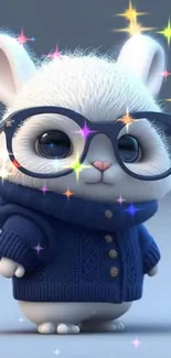 Adorable white bunny with glasses and a blue sweater.