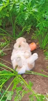 Fluffy bunny lounging in a green garden with a carrot beside it.