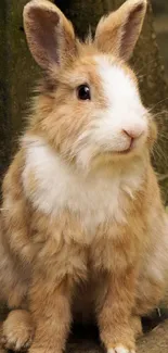 Adorable fluffy brown and white bunny sitting on a forest path.