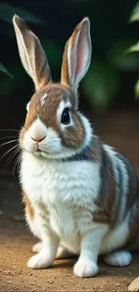 Adorable brown and white bunny on a dirt path in nature.